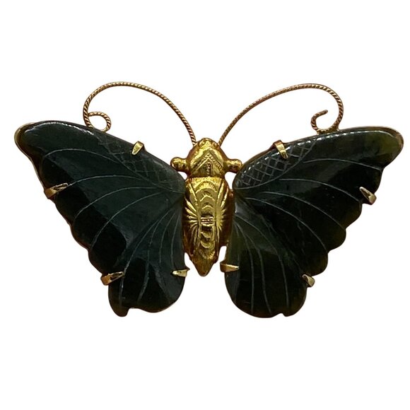Vintage Gilded Goldtone Butterfly Brooch Pin with Carved Jade Green Wings Large - Picture 9 of 12